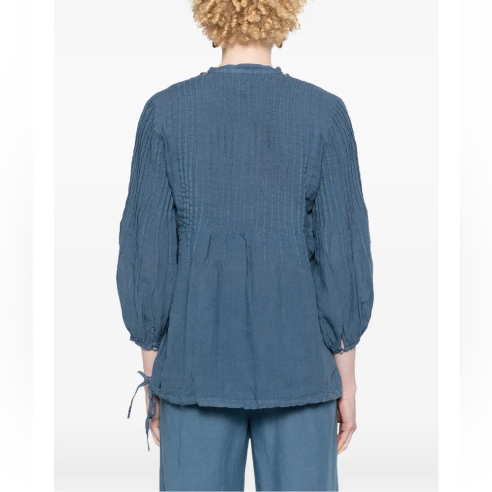 120%‎ Lino Navy Beaded Linen Blouse Split Neck US 8 - Picture 12 of 14